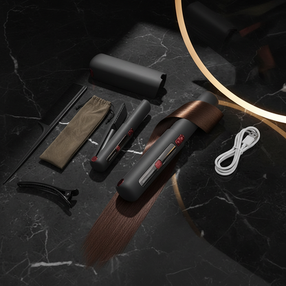 Set of grooming tools including a hair dryer, brush, and other accessories on a dark marble surface.