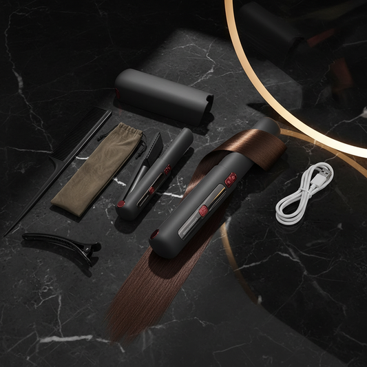 Set of grooming tools including a hair dryer, brush, and other accessories on a dark marble surface.